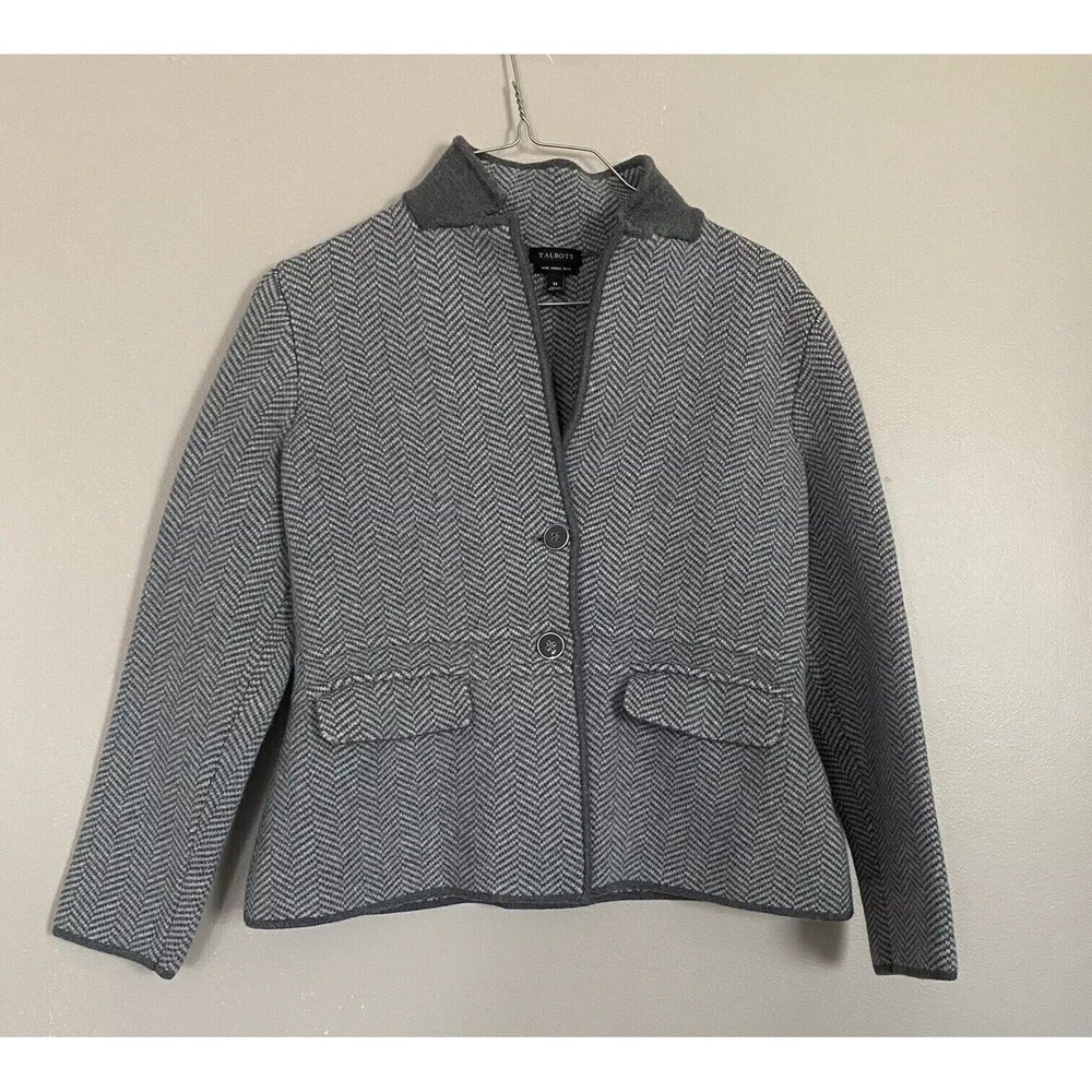 Talbots 100% Pure Merino Wool Blazer Jacket Herringbone Gray Women Size M